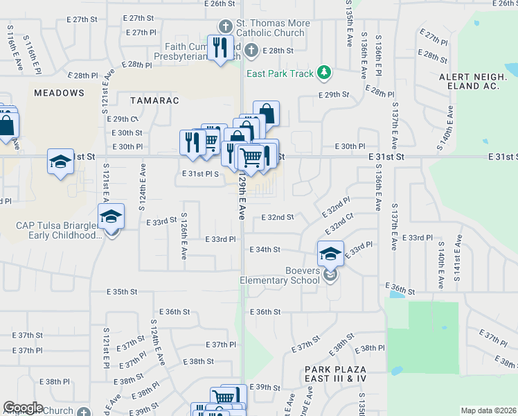 map of restaurants, bars, coffee shops, grocery stores, and more near 3181 South 129th East Avenue in Tulsa