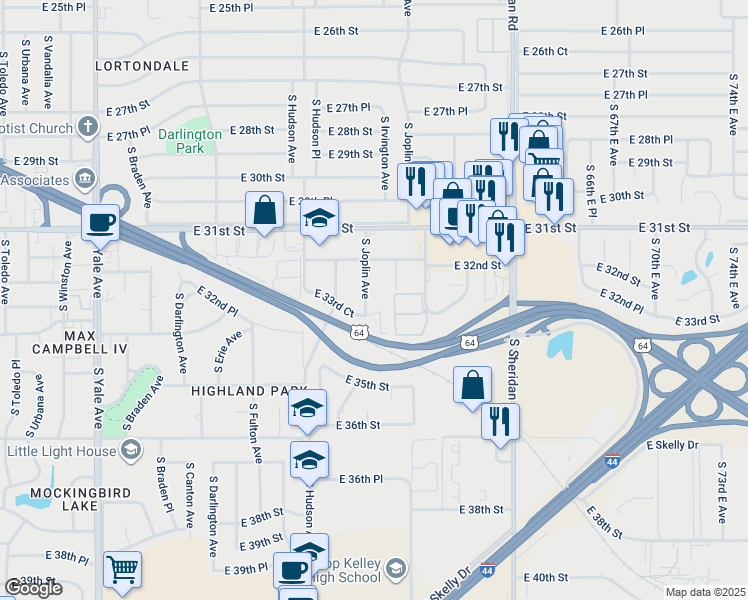 map of restaurants, bars, coffee shops, grocery stores, and more near 3224 South Kingston Avenue in Tulsa