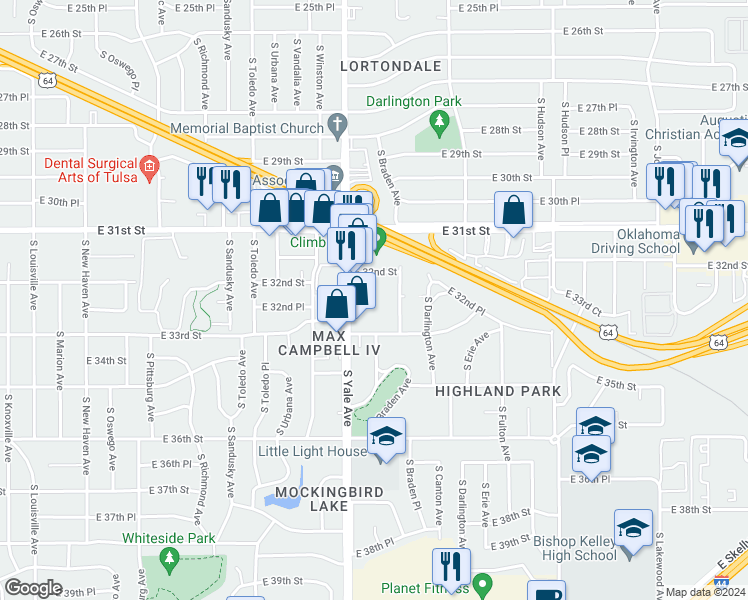 map of restaurants, bars, coffee shops, grocery stores, and more near 3202 South Braden Avenue in Tulsa