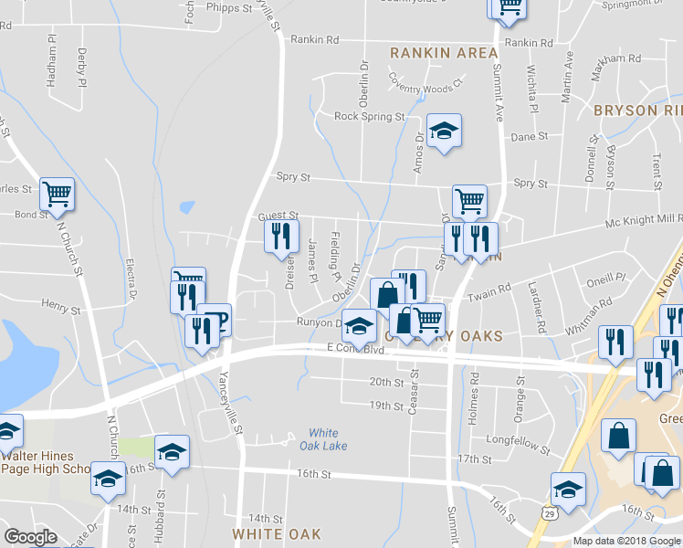 map of restaurants, bars, coffee shops, grocery stores, and more near 3204 Fielding Place in Greensboro