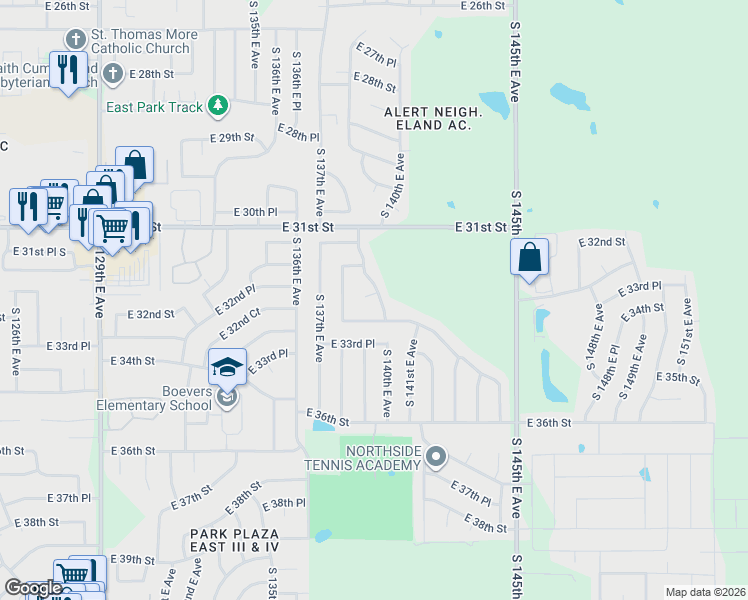 map of restaurants, bars, coffee shops, grocery stores, and more near 3221 South 140th East Avenue in Tulsa