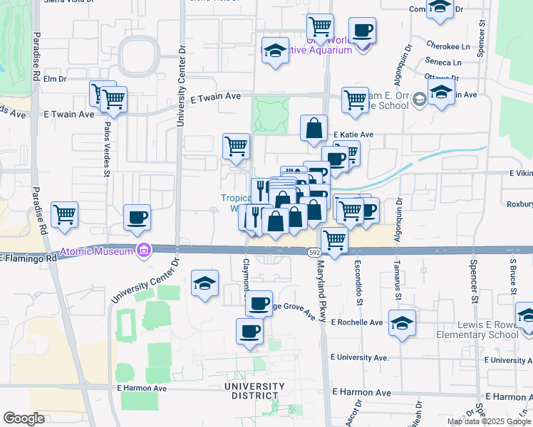 map of restaurants, bars, coffee shops, grocery stores, and more near 1050 East Flamingo Road in Las Vegas