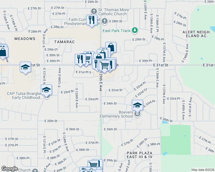 map of restaurants, bars, coffee shops, grocery stores, and more near 3181 South 129th East Avenue in Tulsa