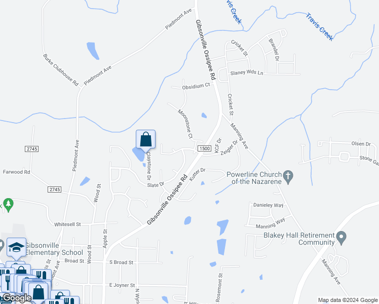 map of restaurants, bars, coffee shops, grocery stores, and more near 102 Graphite Drive in Gibsonville