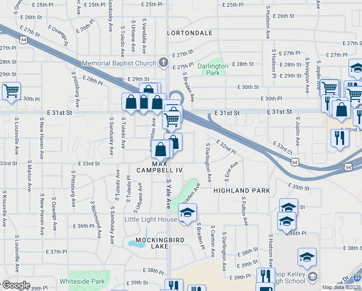 map of restaurants, bars, coffee shops, grocery stores, and more near 3202 South Braden Avenue in Tulsa
