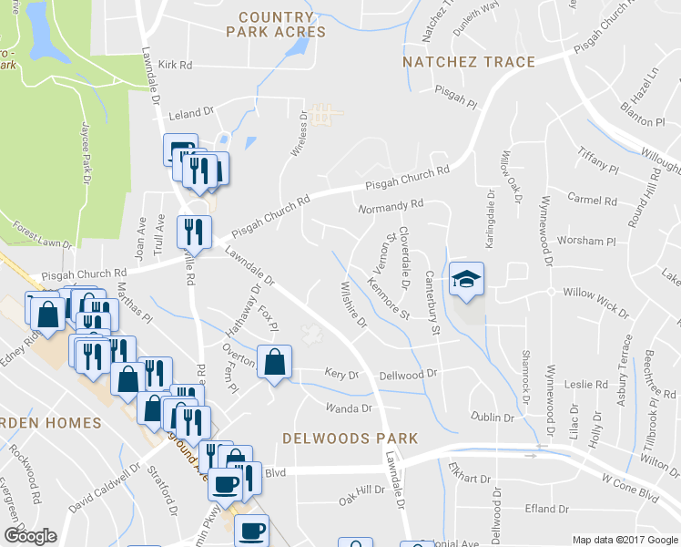 map of restaurants, bars, coffee shops, grocery stores, and more near 3417 Wilshire Drive in Greensboro