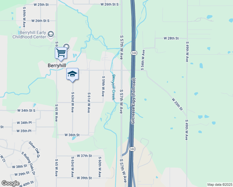map of restaurants, bars, coffee shops, grocery stores, and more near 3158 South 57th West Avenue in Tulsa