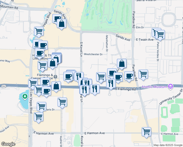 map of restaurants, bars, coffee shops, grocery stores, and more near 230 East Flamingo Road in Las Vegas