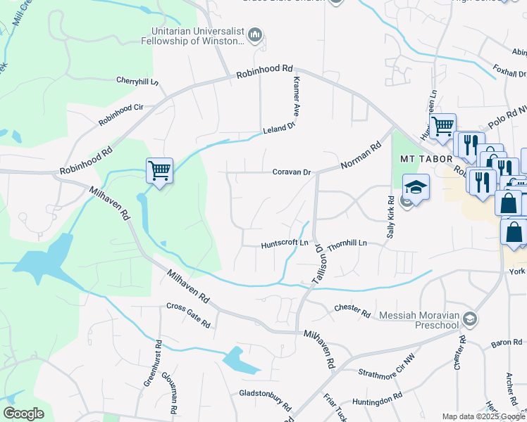map of restaurants, bars, coffee shops, grocery stores, and more near 5278 Jacobs Way in Winston-Salem