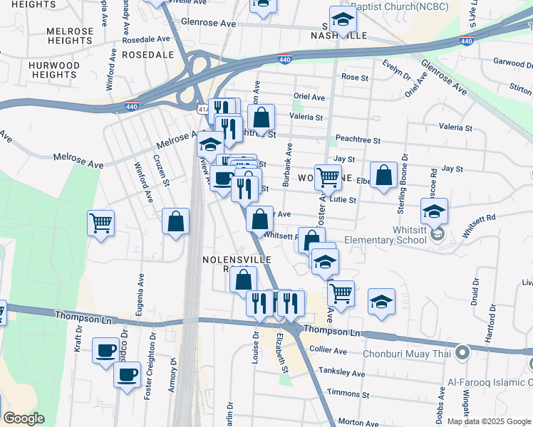 map of restaurants, bars, coffee shops, grocery stores, and more near 320 Joyner Avenue in Nashville