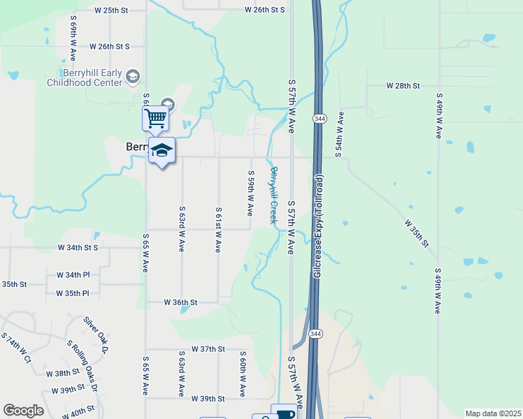 map of restaurants, bars, coffee shops, grocery stores, and more near 3129 South 59th West Avenue in Tulsa