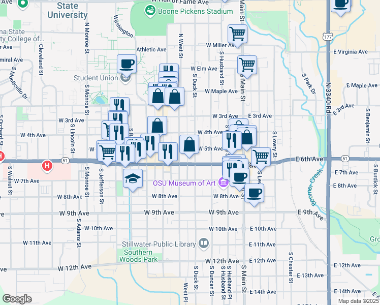 map of restaurants, bars, coffee shops, grocery stores, and more near 502 South Duck Street in Stillwater