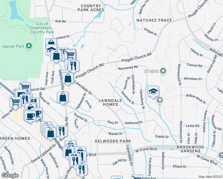 map of restaurants, bars, coffee shops, grocery stores, and more near 3417 Wilshire Drive in Greensboro