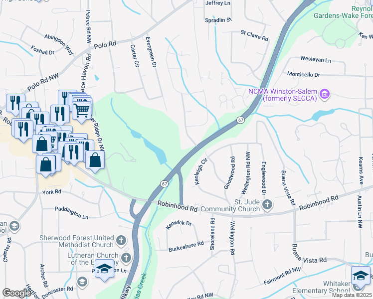 map of restaurants, bars, coffee shops, grocery stores, and more near 1100 Partridge Lane in Winston-Salem