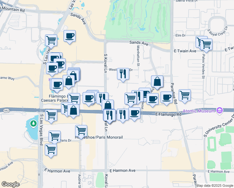 map of restaurants, bars, coffee shops, grocery stores, and more near 230 East Flamingo Road in Las Vegas