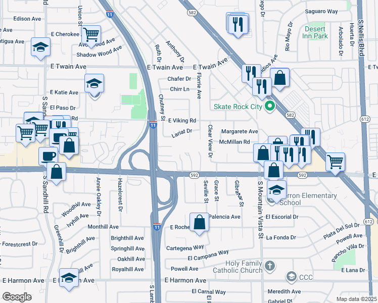 map of restaurants, bars, coffee shops, grocery stores, and more near 4026 Great Plains Way in Las Vegas