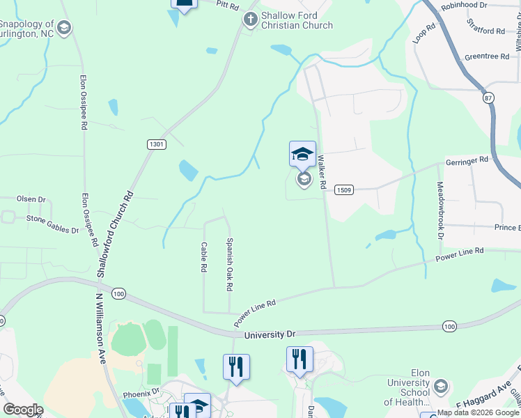 map of restaurants, bars, coffee shops, grocery stores, and more near 737 Spanish Oak Road in Elon