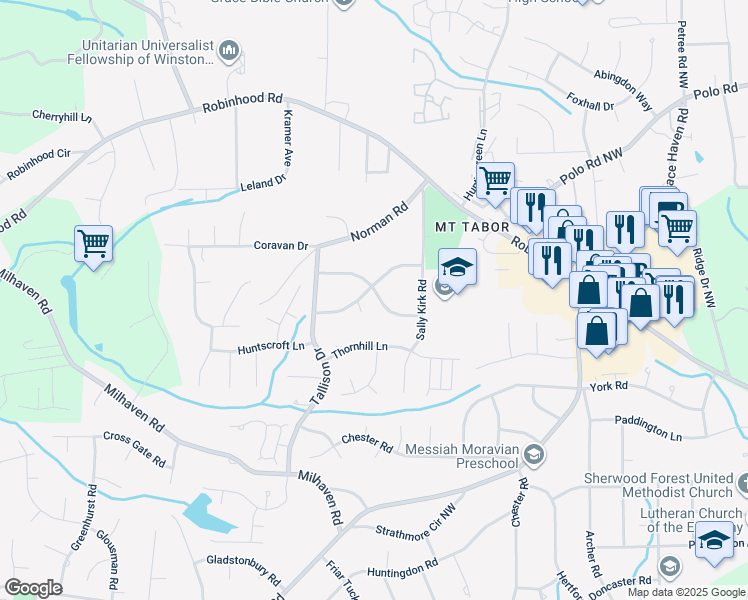 map of restaurants, bars, coffee shops, grocery stores, and more near 3710 Benchley Road in Winston-Salem