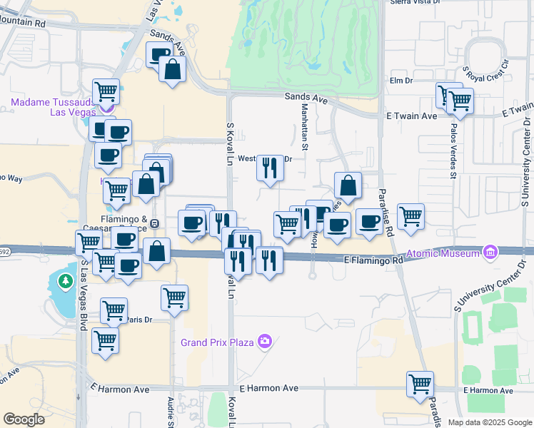 map of restaurants, bars, coffee shops, grocery stores, and more near 230 East Flamingo Road in Las Vegas