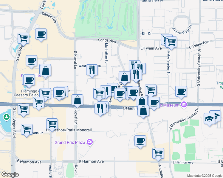 map of restaurants, bars, coffee shops, grocery stores, and more near 1 Hughes Center Drive in Las Vegas