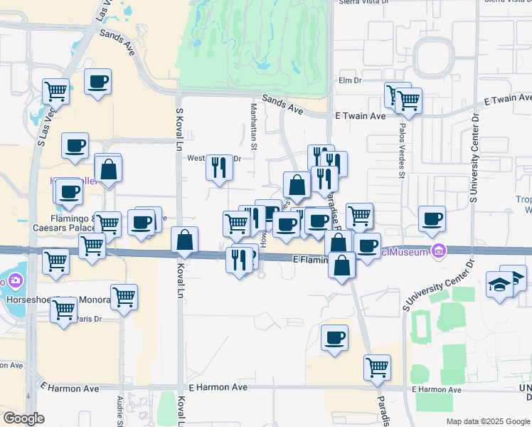 map of restaurants, bars, coffee shops, grocery stores, and more near 1 Hughes Center Drive in Las Vegas