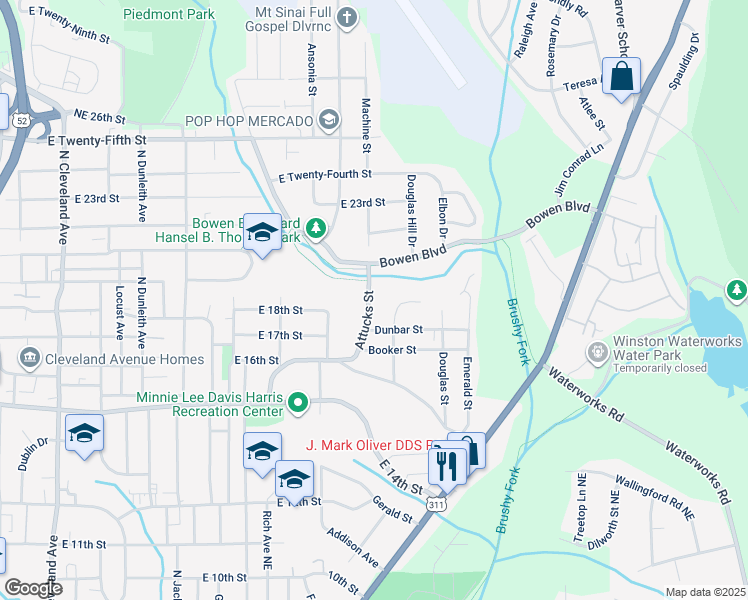 map of restaurants, bars, coffee shops, grocery stores, and more near 1629 Attucks Street in Winston-Salem
