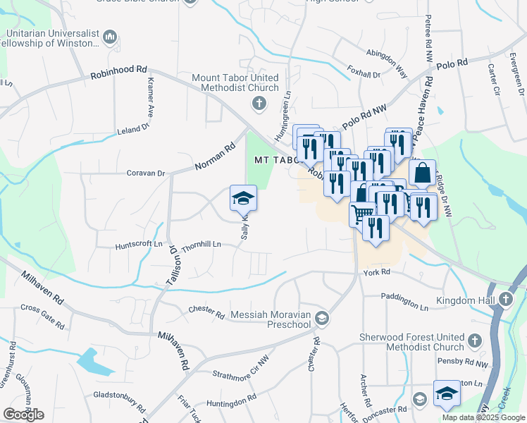 map of restaurants, bars, coffee shops, grocery stores, and more near 3500 Sally Kirk Road in Winston-Salem