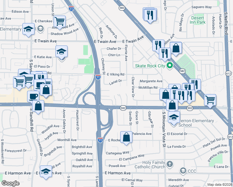 map of restaurants, bars, coffee shops, grocery stores, and more near 3979 Lariat Court in Las Vegas