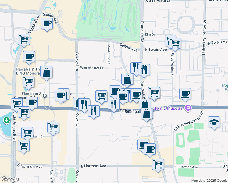 map of restaurants, bars, coffee shops, grocery stores, and more near 1 Hughes Center Drive in Las Vegas