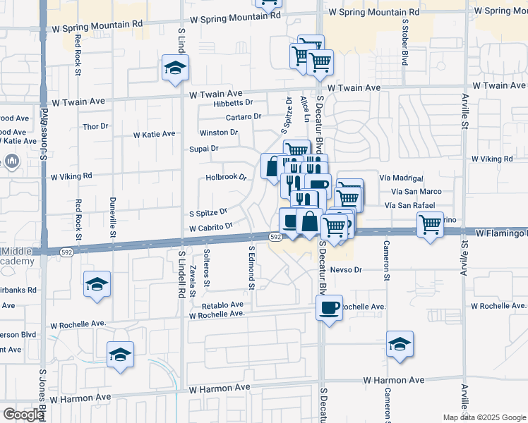 map of restaurants, bars, coffee shops, grocery stores, and more near 4025 Tirana Way in Las Vegas