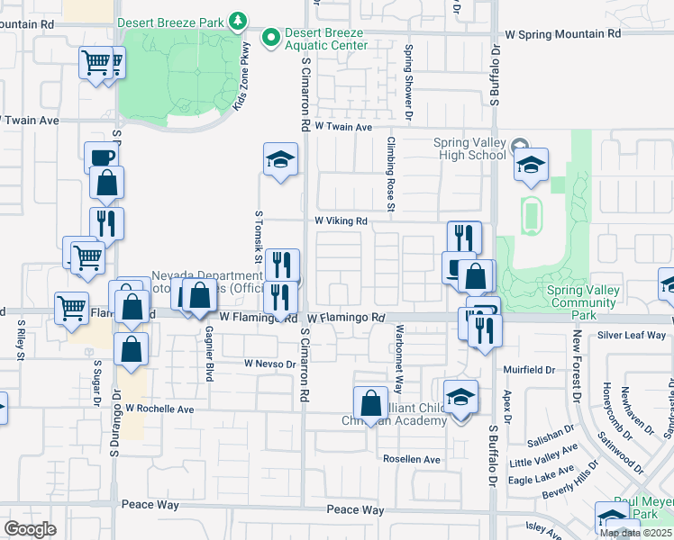 map of restaurants, bars, coffee shops, grocery stores, and more near South Cimarron Road in Las Vegas