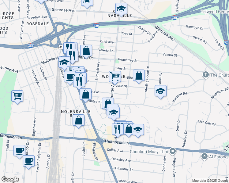 map of restaurants, bars, coffee shops, grocery stores, and more near 2602 Foster Avenue in Nashville