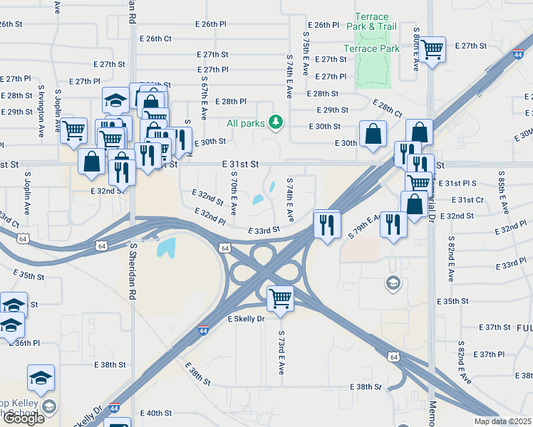 map of restaurants, bars, coffee shops, grocery stores, and more near 7231 East 32nd Place in Tulsa