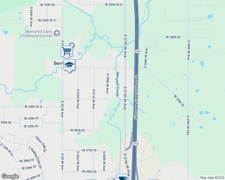 map of restaurants, bars, coffee shops, grocery stores, and more near 3129 South 59th West Avenue in Tulsa