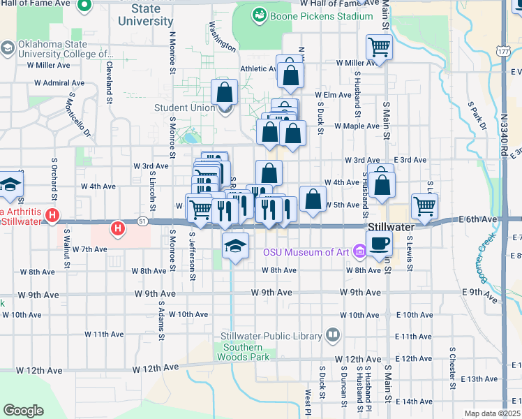 map of restaurants, bars, coffee shops, grocery stores, and more near 419 South Hester Street in Stillwater