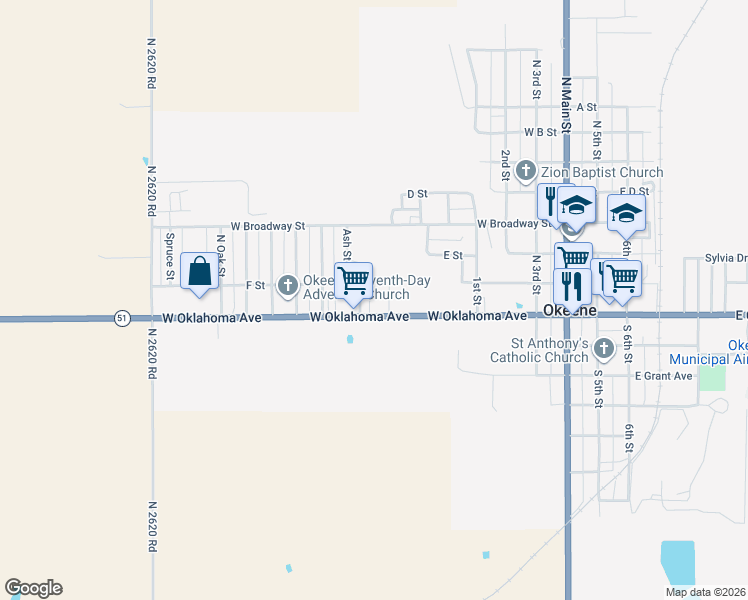 map of restaurants, bars, coffee shops, grocery stores, and more near in Okeene