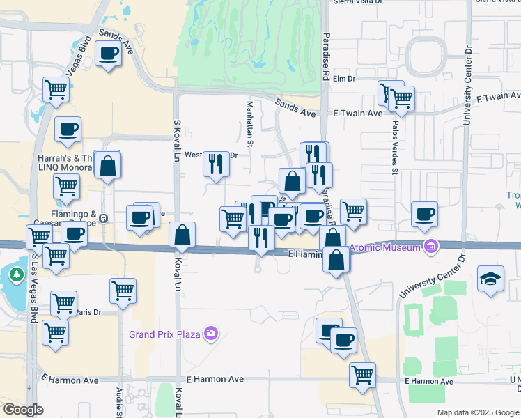 map of restaurants, bars, coffee shops, grocery stores, and more near 1 Hughes Center Drive in Las Vegas