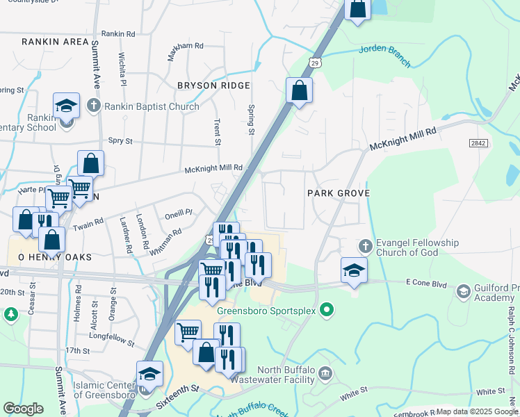 map of restaurants, bars, coffee shops, grocery stores, and more near 3113 Utah Place in Greensboro