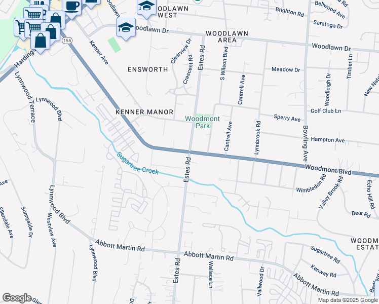 map of restaurants, bars, coffee shops, grocery stores, and more near Woodmont Blvd & Estes Rd in Nashville