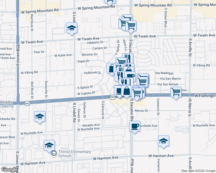 map of restaurants, bars, coffee shops, grocery stores, and more near 4025 Tirana Way in Las Vegas