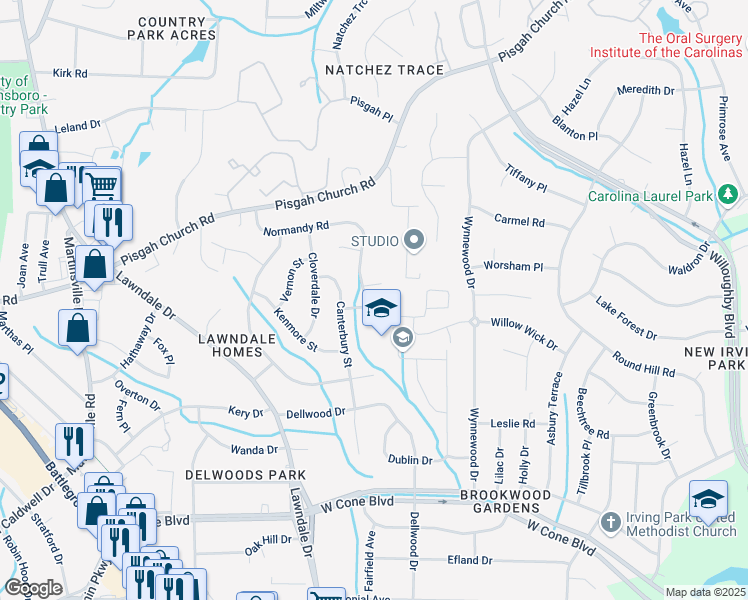 map of restaurants, bars, coffee shops, grocery stores, and more near 3402 Normandy Road in Greensboro