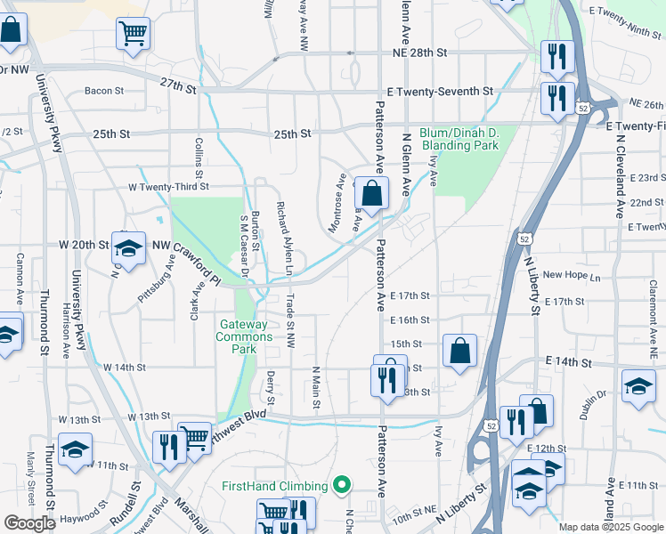 map of restaurants, bars, coffee shops, grocery stores, and more near 132 Glenn Avenue Northeast in Winston-Salem