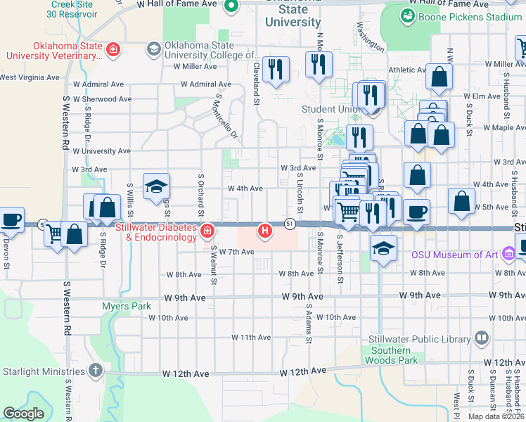 map of restaurants, bars, coffee shops, grocery stores, and more near 414 South Stanley Street in Stillwater
