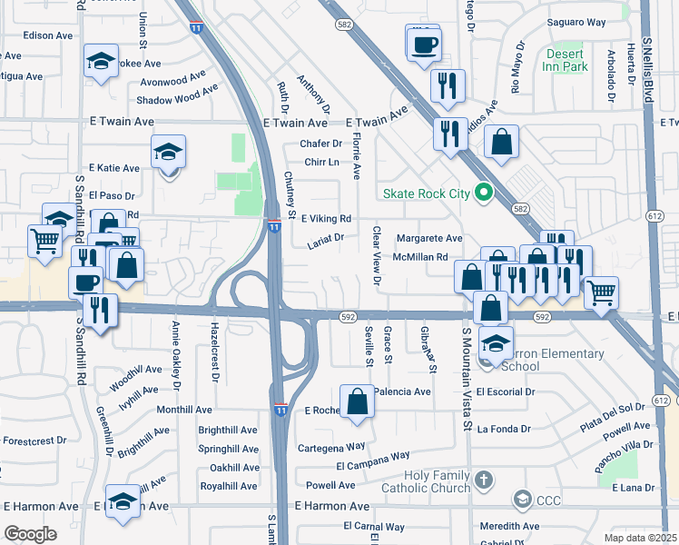 map of restaurants, bars, coffee shops, grocery stores, and more near 4026 Great Plains Way in Las Vegas
