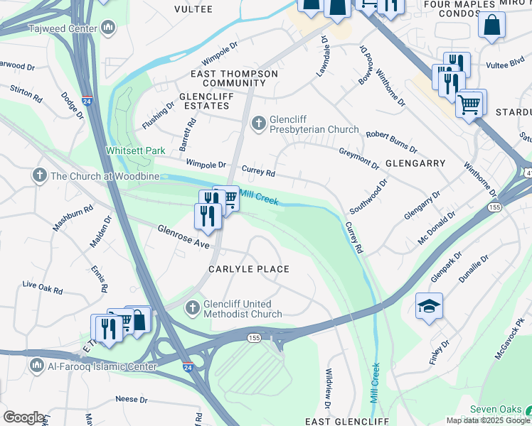 map of restaurants, bars, coffee shops, grocery stores, and more near 1000 East Thompson Lane in Nashville