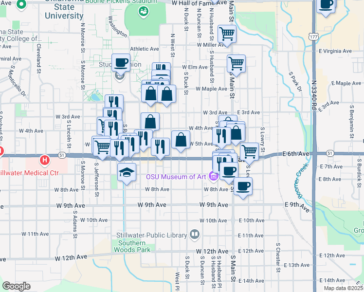 map of restaurants, bars, coffee shops, grocery stores, and more near 502 South Duck Street in Stillwater