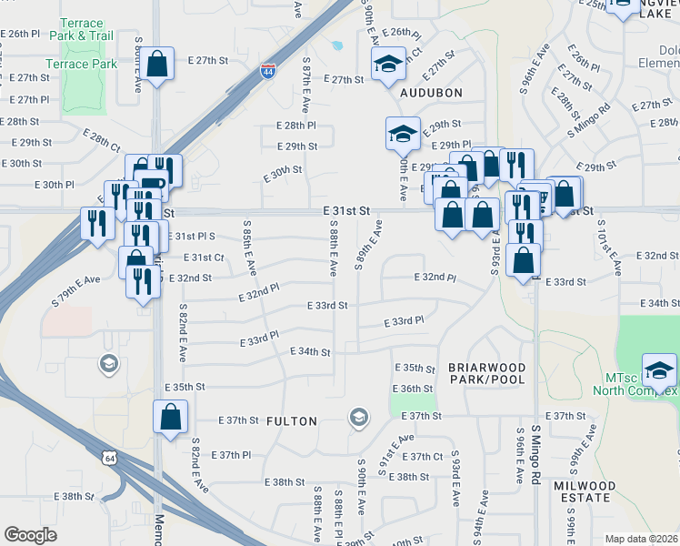 map of restaurants, bars, coffee shops, grocery stores, and more near 3204 South 88th East Avenue in Tulsa