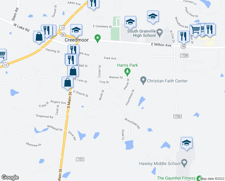 map of restaurants, bars, coffee shops, grocery stores, and more near 315 East Lyon Street in Creedmoor