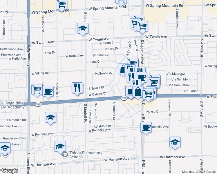 map of restaurants, bars, coffee shops, grocery stores, and more near 4008 South Spitze Drive in Las Vegas