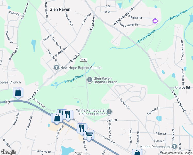 map of restaurants, bars, coffee shops, grocery stores, and more near 1910-2054 Durham Street Extension in Burlington